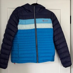 Cotopaxi Women’s Down Puffer - Small - Navy and Sky Blue Hooded Jacket